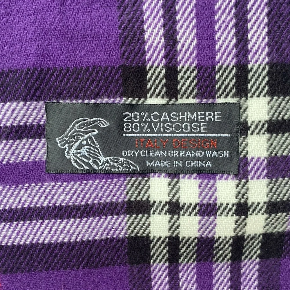 ITALY DESIGN Scarf Fringed Soft Cashmere Blend Purple Black White Red Plaid OS